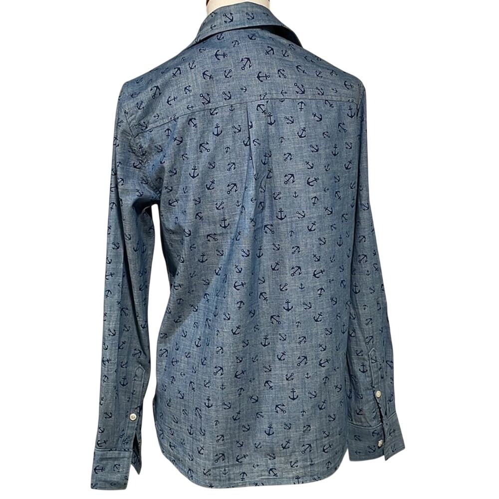 J Crew chambray anchors button-up top Sz XS Preppy Beach Coastal Roomy Cotton - Picture 3 of 8